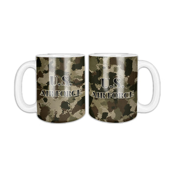 Camo U.S. Air Force coffee mug, two sides shown, tan, brown and olive camo with U.S. AIR FORCE in black letters