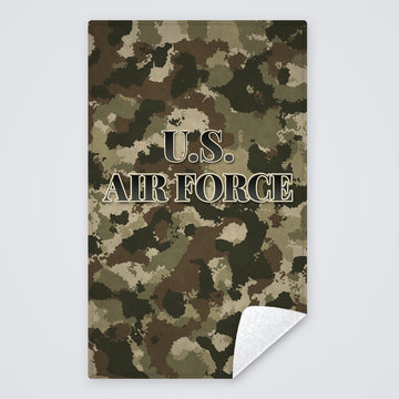 Camo U.S. Air Force rally towel, tan, brown and olive camo with U.S. AIR FORCE, corner folded to show the white back