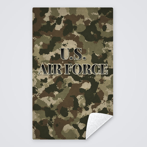 Camo U.S. Air Force rally towel, tan, brown and olive camo with U.S. AIR FORCE, corner folded to show the white back