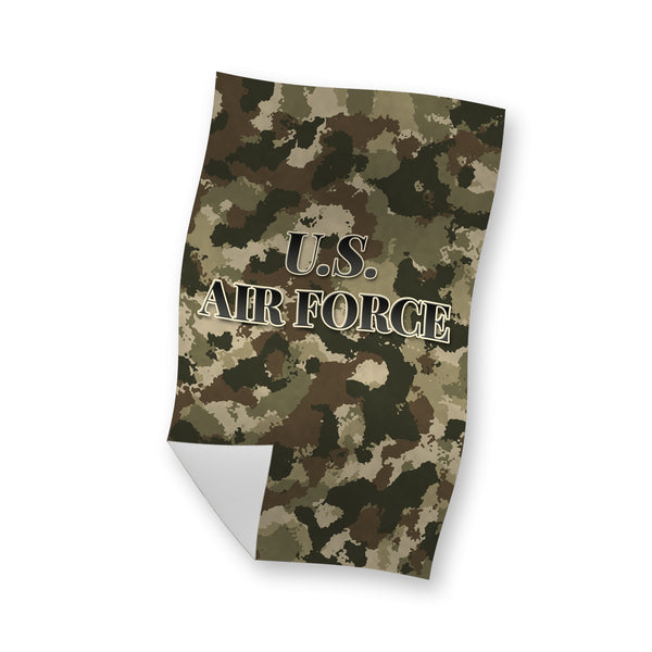 Camo U.S. Air Force rally towel waving, tan, brown and olive camo with U.S. AIR FORCE