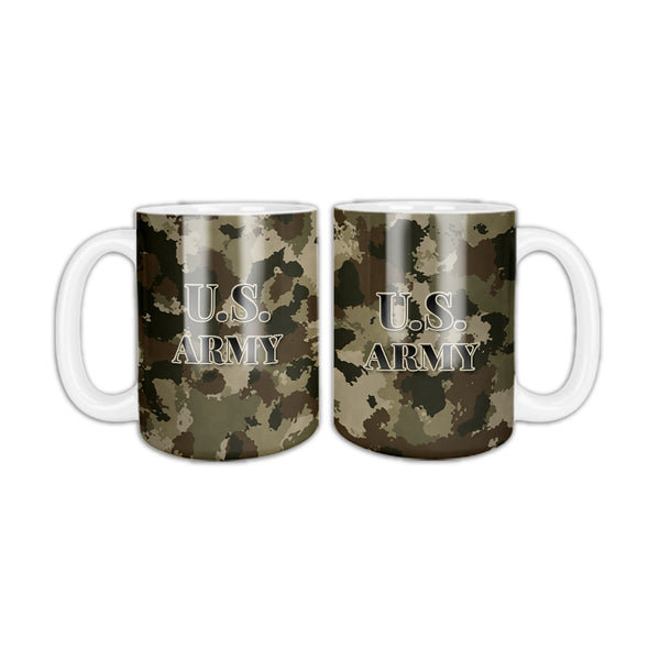 Camo U.S. Army coffee mug, two sides shown, tan, brown and green camo with U.S. ARMY in black letters