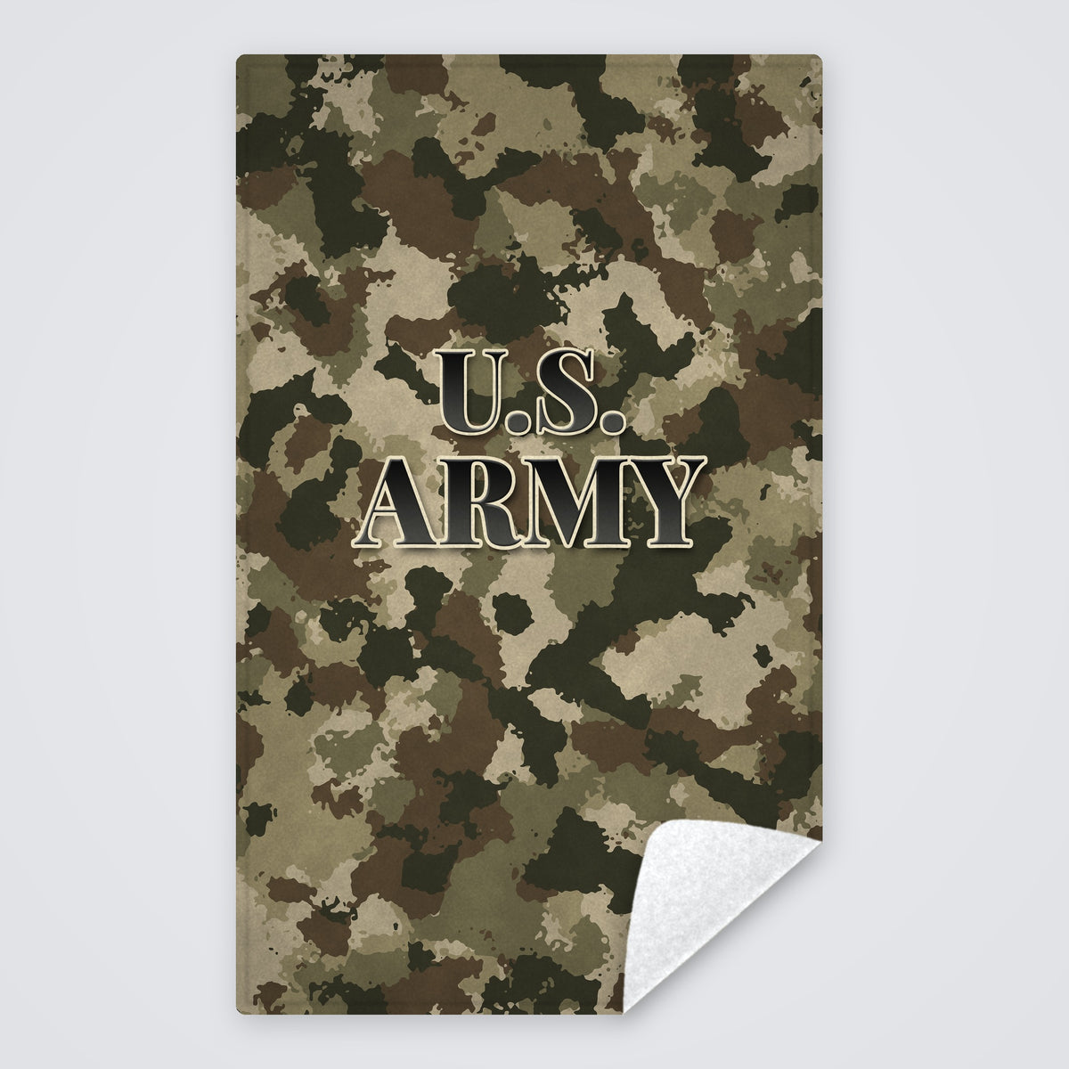Camo U.S. Army rally towel, tan, brown and green camo with U.S. ARMY, corner folded to show the white back