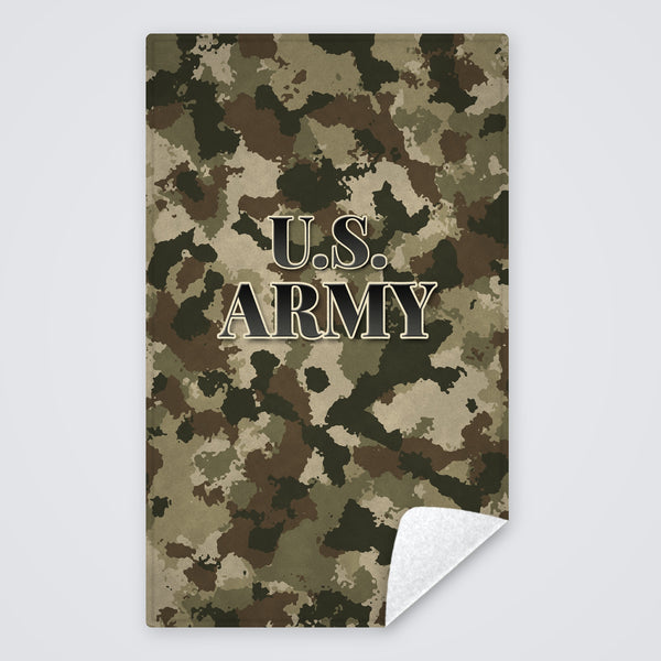 Camo U.S. Army rally towel, tan, brown and green camo with U.S. ARMY, corner folded to show the white back