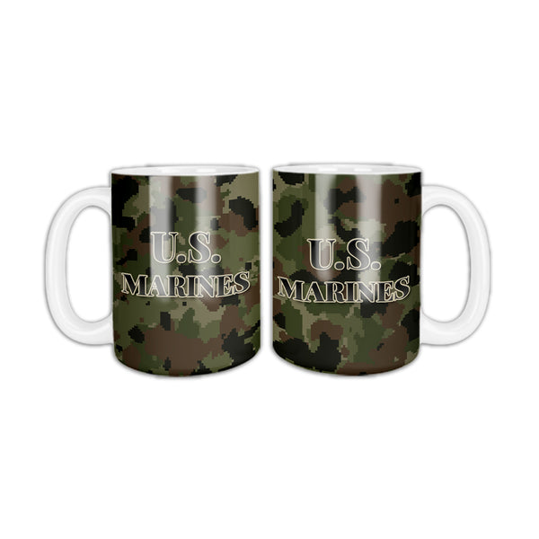 Camo U.S. Marines coffee mug, two sides shown, green and brown digital camo with U.S. MARINES in black letters