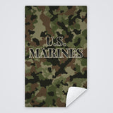 Camo U.S. Marines rally towel, green and brown digital camo with U.S. MARINES, corner folded to show the white back
