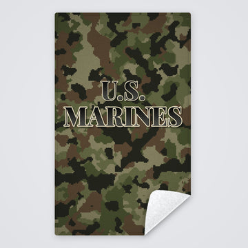 Camo U.S. Marines rally towel, green and brown digital camo with U.S. MARINES, corner folded to show the white back