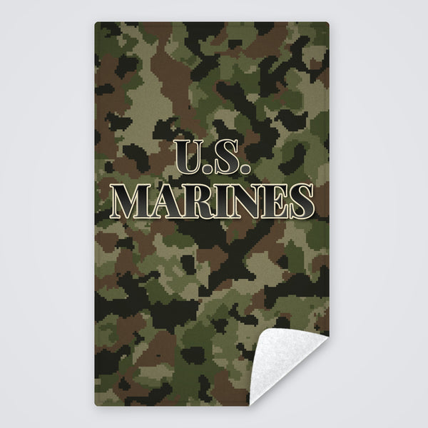 Camo U.S. Marines rally towel, green and brown digital camo with U.S. MARINES, corner folded to show the white back