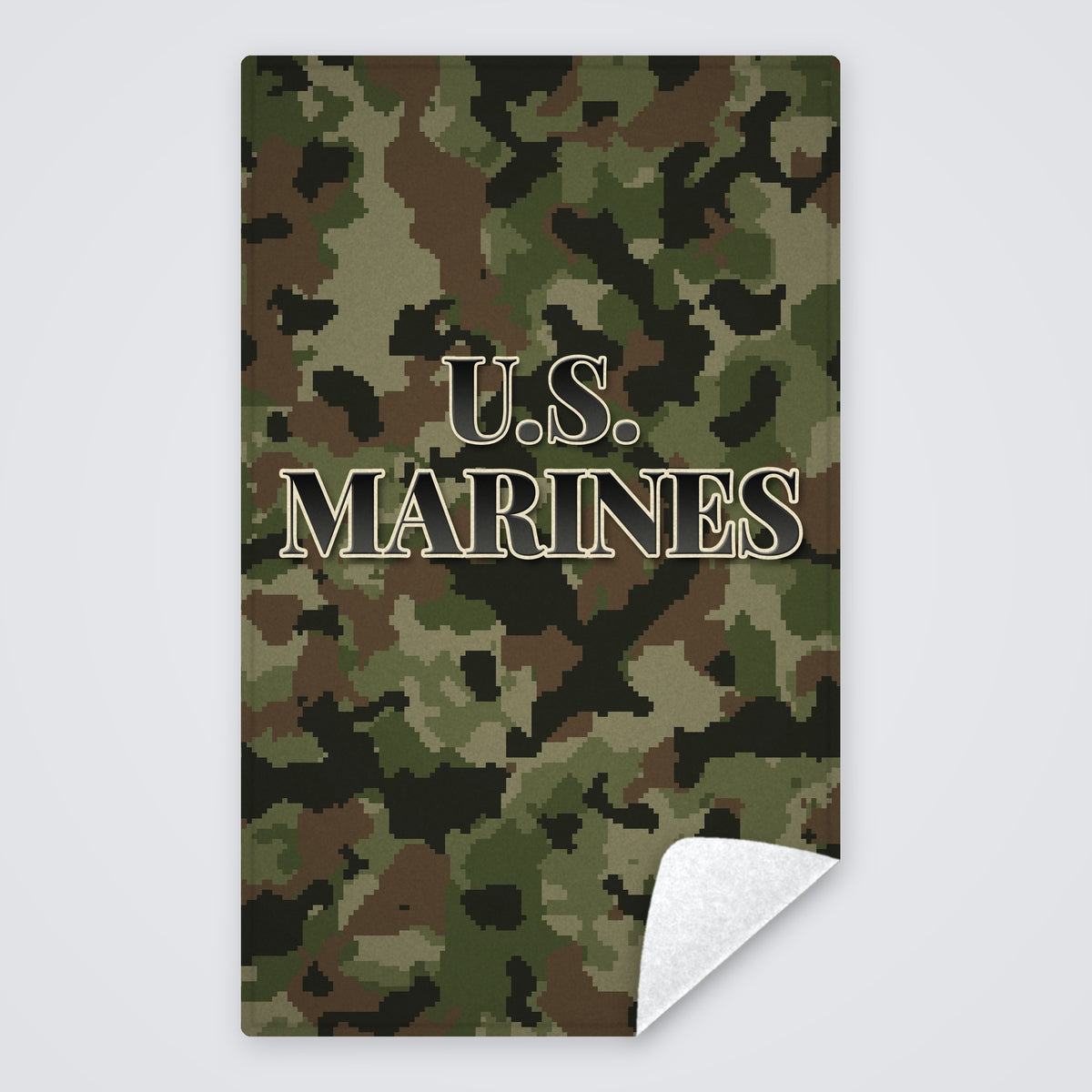 Camo U.S. Marines rally towel, green and brown digital camo with U.S. MARINES, corner folded to show the white back