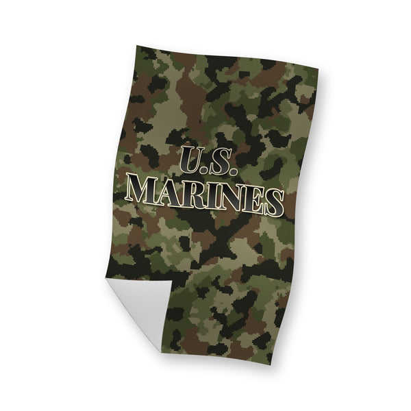 Camo U.S. Marines rally towel waving, green and brown digital camo with U.S. MARINES