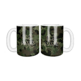 Camo U.S. Navy coffee mug, two sides shown, green digital camo with U.S. NAVY in black letters