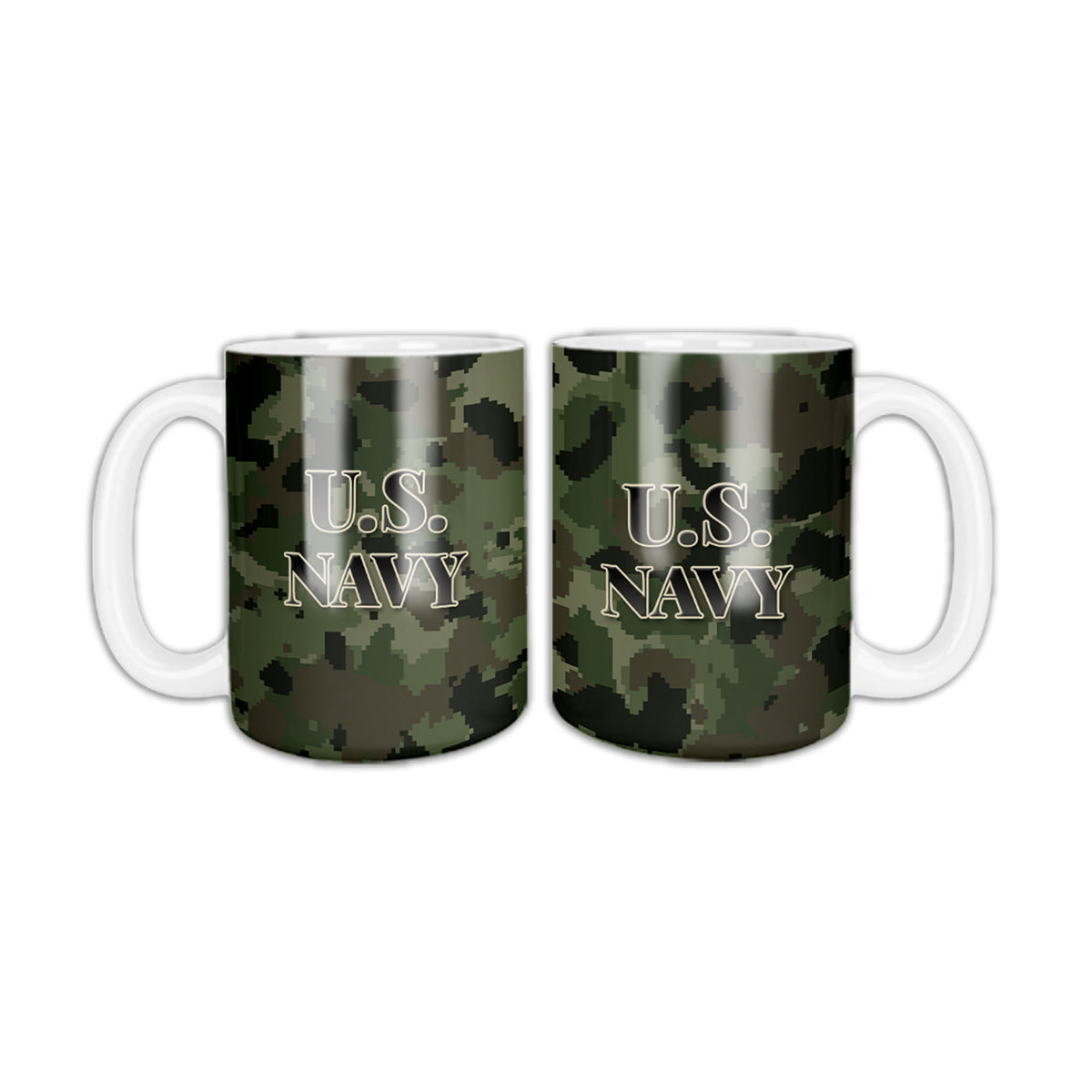 Camo U.S. Navy coffee mug, two sides shown, green digital camo with U.S. NAVY in black letters