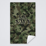 Camo U.S. Navy rally towel, green digital camo with U.S. NAVY, corner folded to show the white back