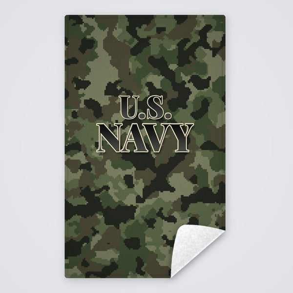 Camo U.S. Navy rally towel, green digital camo with U.S. NAVY, corner folded to show the white back