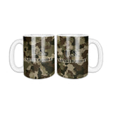 Camo U.S. Space Force coffee mug, two sides shown, tan, brown and green camo with U.S. SPACE FORCE in black letters