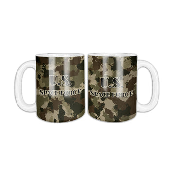 Camo U.S. Space Force coffee mug, two sides shown, tan, brown and green camo with U.S. SPACE FORCE in black letters