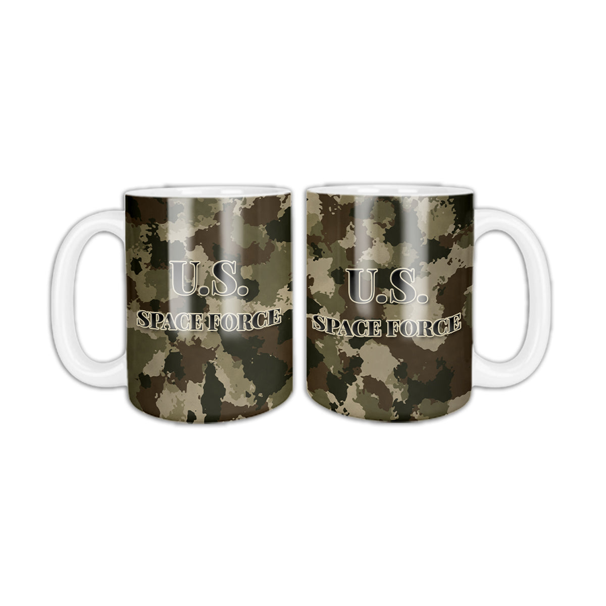 Camo U.S. Space Force coffee mug, two sides shown, tan, brown and green camo with U.S. SPACE FORCE in black letters