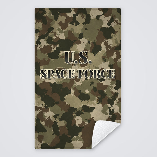 Camo U.S. Space Force rally towel, tan, brown and green camo with U.S. SPACE FORCE, corner folded to show the white back