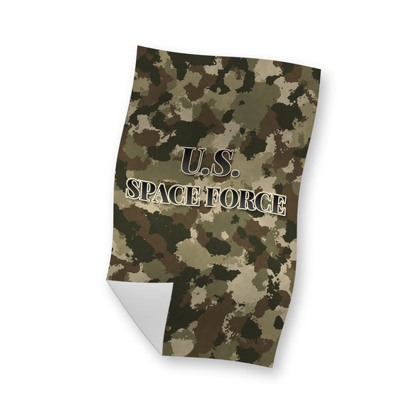Camo U.S. Space Force rally towel waving, tan, brown and green camo with U.S. SPACE FORCE