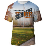 School Yard class year Senior all over shirt, front, school photo behind the design in burnt orange and charcoal