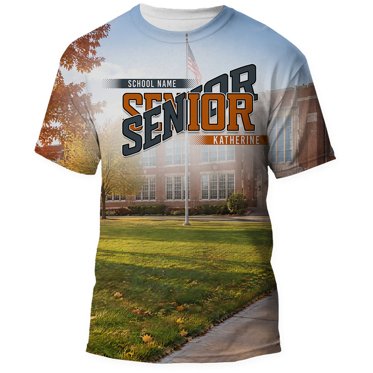 School Yard class year Senior all over shirt, front, school photo behind the design in burnt orange and charcoal
