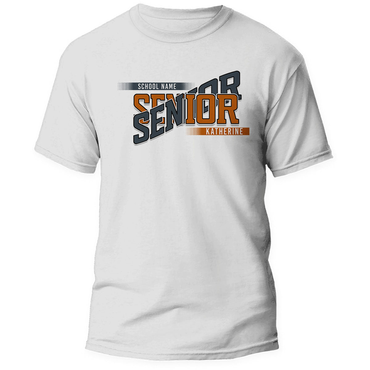 White custom Senior class year shirt, front, school name and student name in burnt orange and charcoal