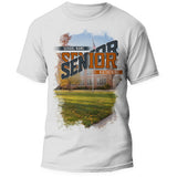 White School Yard class year Senior shirt, center print front, school photo behind the design with rough painted edges