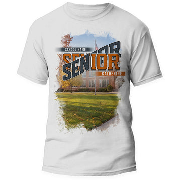 White School Yard class year Senior shirt, center print front, school photo behind the design with rough painted edges