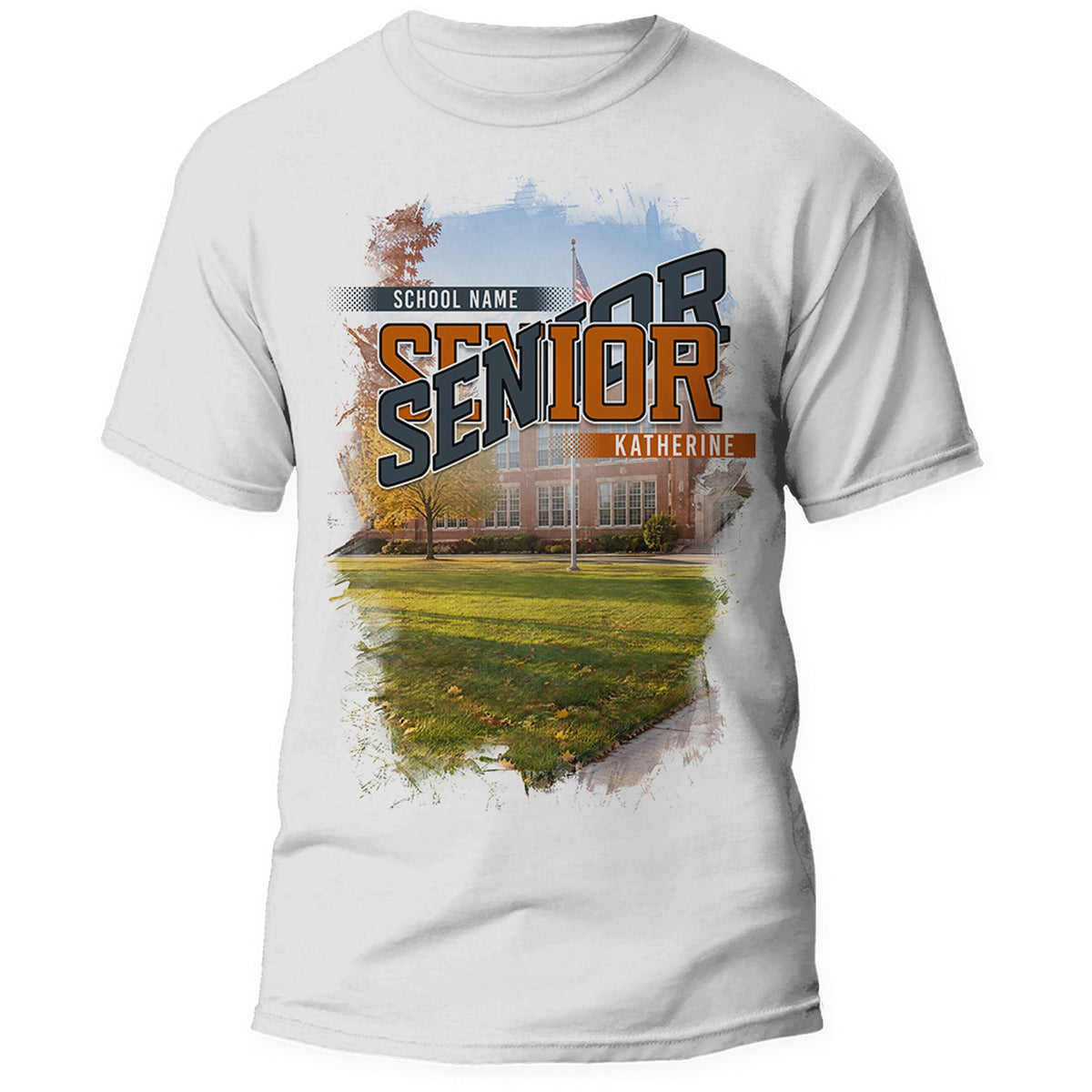 White School Yard class year Senior shirt, center print front, school photo behind the design with rough painted edges