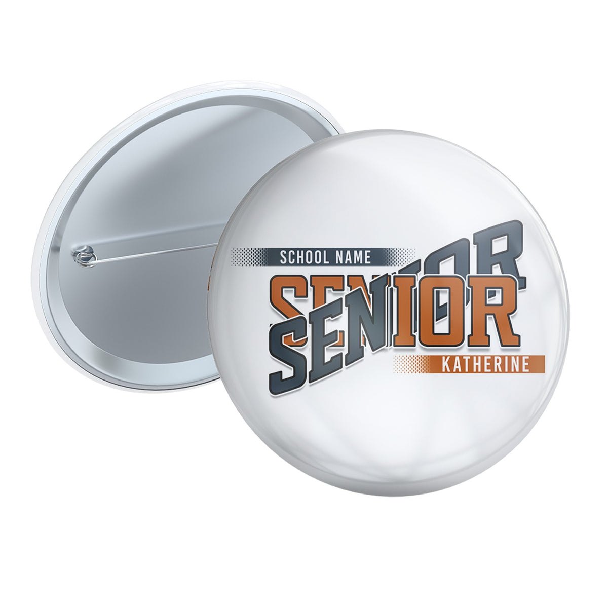 Class year Senior 3 inch pin button with school name and student name in burnt orange and charcoal