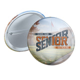 School Yard class year Senior 3 inch pin button with a school photo behind the design
