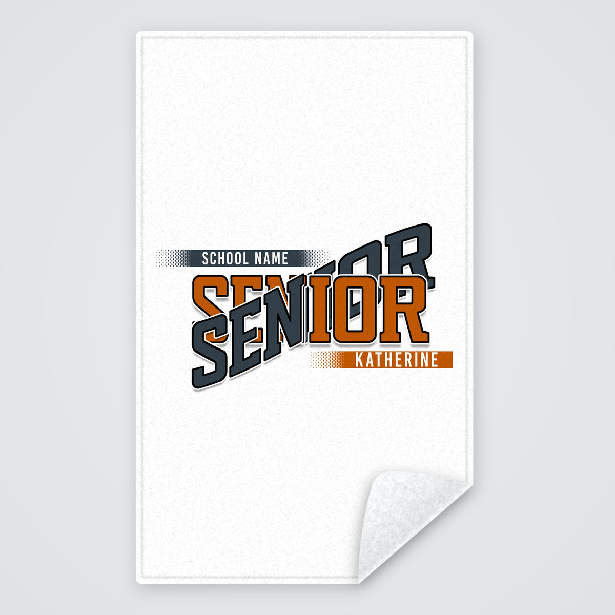 White class year Senior towel with school name and student name in burnt orange and charcoal, rally towel with the corner folded to show the white back