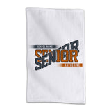 White class year Senior rally towel with school name and student name in burnt orange and charcoal