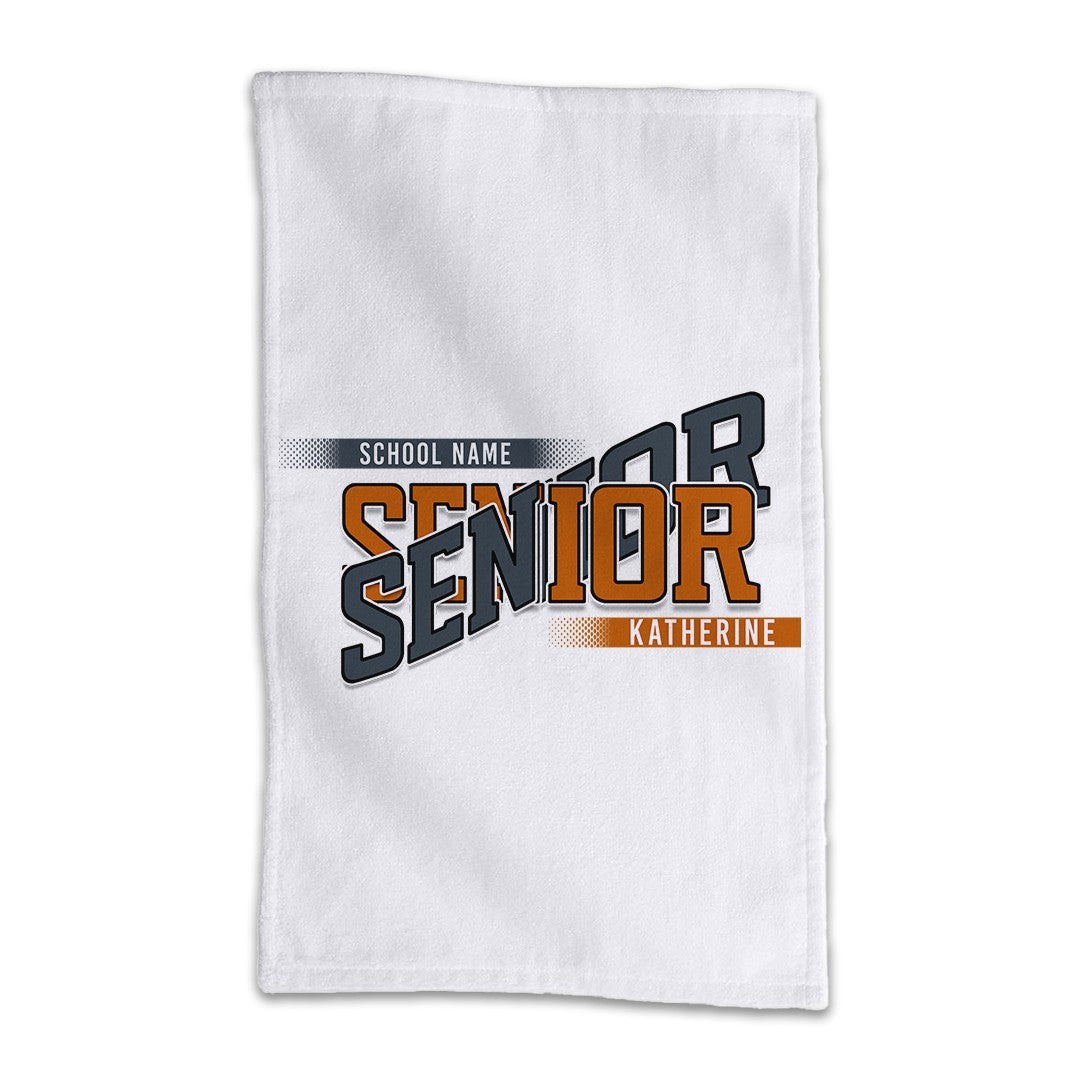 White class year Senior rally towel with school name and student name in burnt orange and charcoal