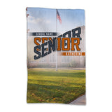 School Yard class year Senior rally towel with a school photo behind the design