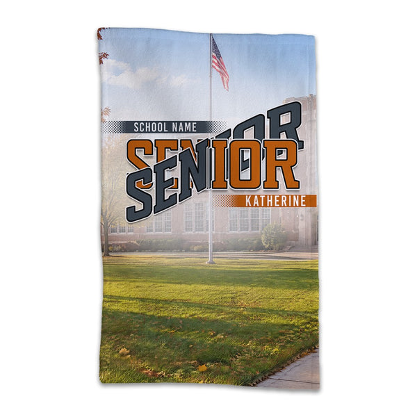 School Yard class year Senior rally towel with a school photo behind the design