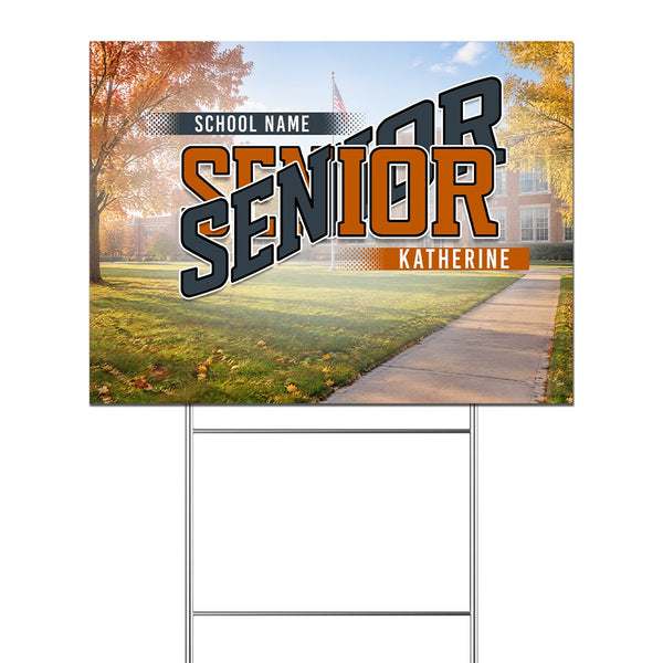 School Yard class year Senior 24 x 18 yard sign on a wire stake with a school photo behind the design
