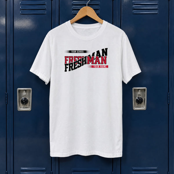 White custom Freshman class year shirt in red and black school colors on a hanger against navy school lockers