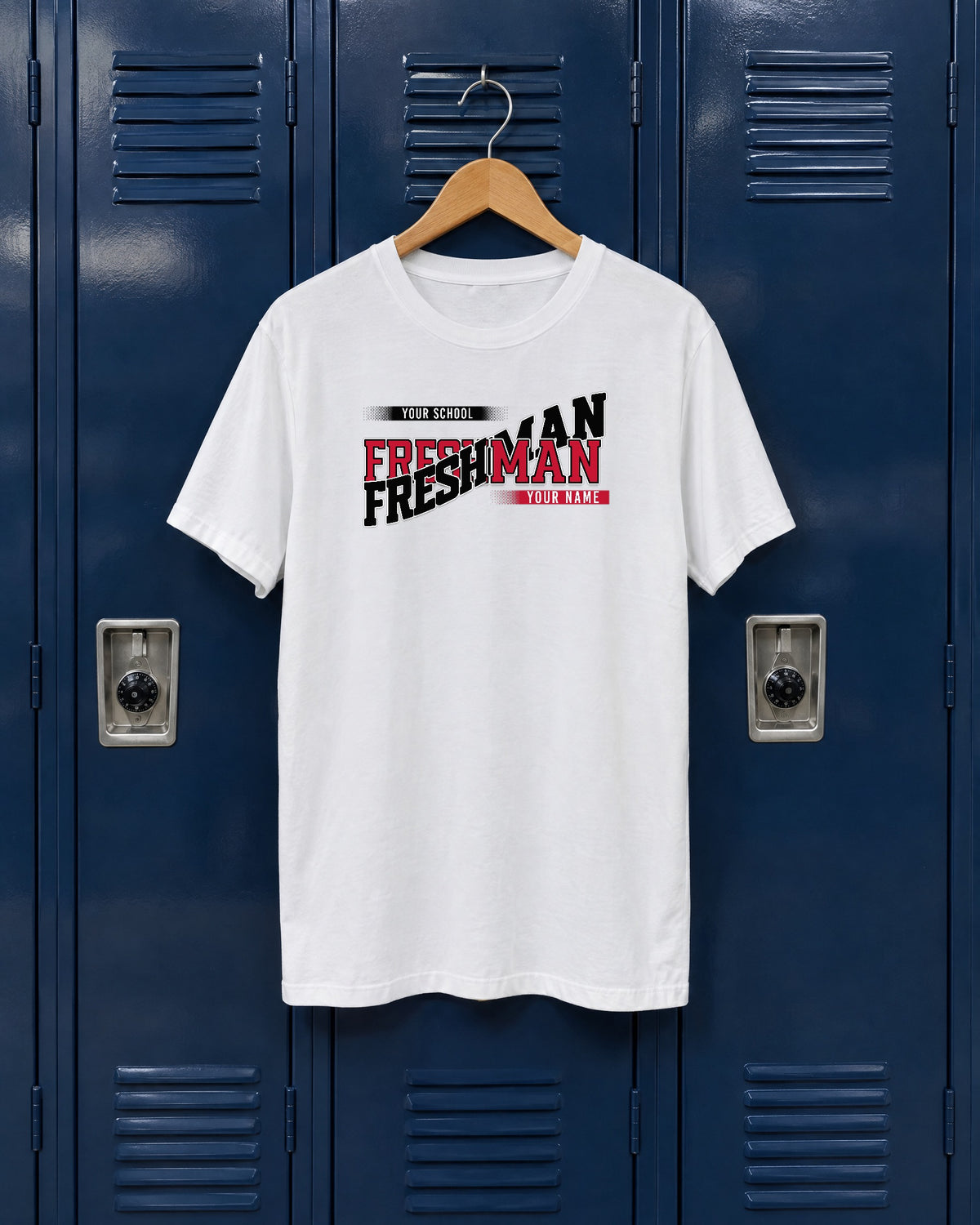 White custom Freshman class year shirt in red and black school colors on a hanger against navy school lockers