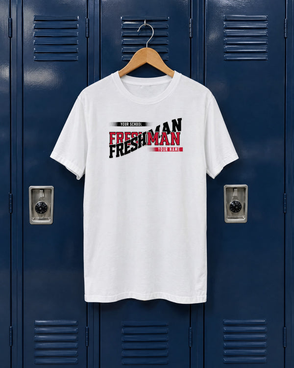 White custom Freshman class year shirt in red and black school colors on a hanger against navy school lockers