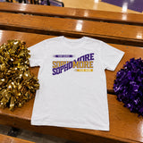 White custom Sophomore class year shirt in purple and gold laid on gym bleachers with gold and purple pom poms for a pep rally