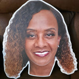 Custom big head cutout of a smiling woman's face, printed in full color on white corrugated plastic and cut to the shape of her head, standard 19 x 20 inch size