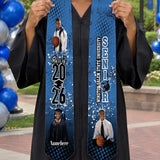 Custom halftone graduation stole with Class of 2026, photos and school name held by a graduate