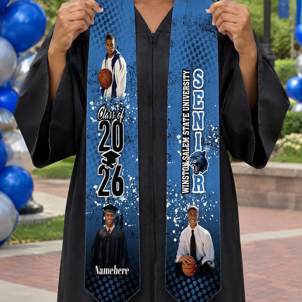 Custom halftone graduation stole with Class of 2026, photos and school name held by a graduate