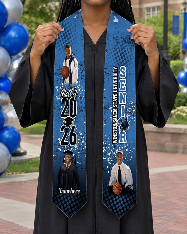 Custom halftone graduation stole with Class of 2026, photos and school name held by a graduate