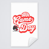 Custom spirit towel with a red Game Day volleyball design and a school logo, rally towel with the corner folded to show the white back