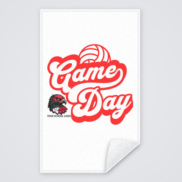 Custom spirit towel with a red Game Day volleyball design and a school logo, rally towel with the corner folded to show the white back