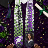 Green and purple custom sublimation graduation stole flat lay on purple velvet with cap, diploma and roses