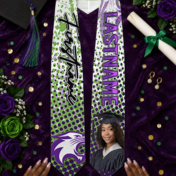 Green and purple custom sublimation graduation stole flat lay on purple velvet with cap, diploma and roses