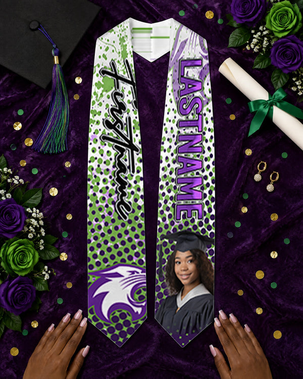 Green and purple custom sublimation graduation stole flat lay on purple velvet with cap, diploma and roses