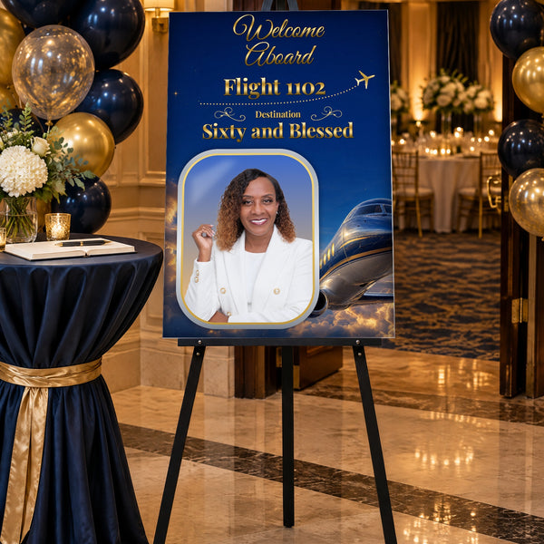 Custom 24 x 36 welcome poster on foam board at a banquet hall entrance, shown on an easel for display only